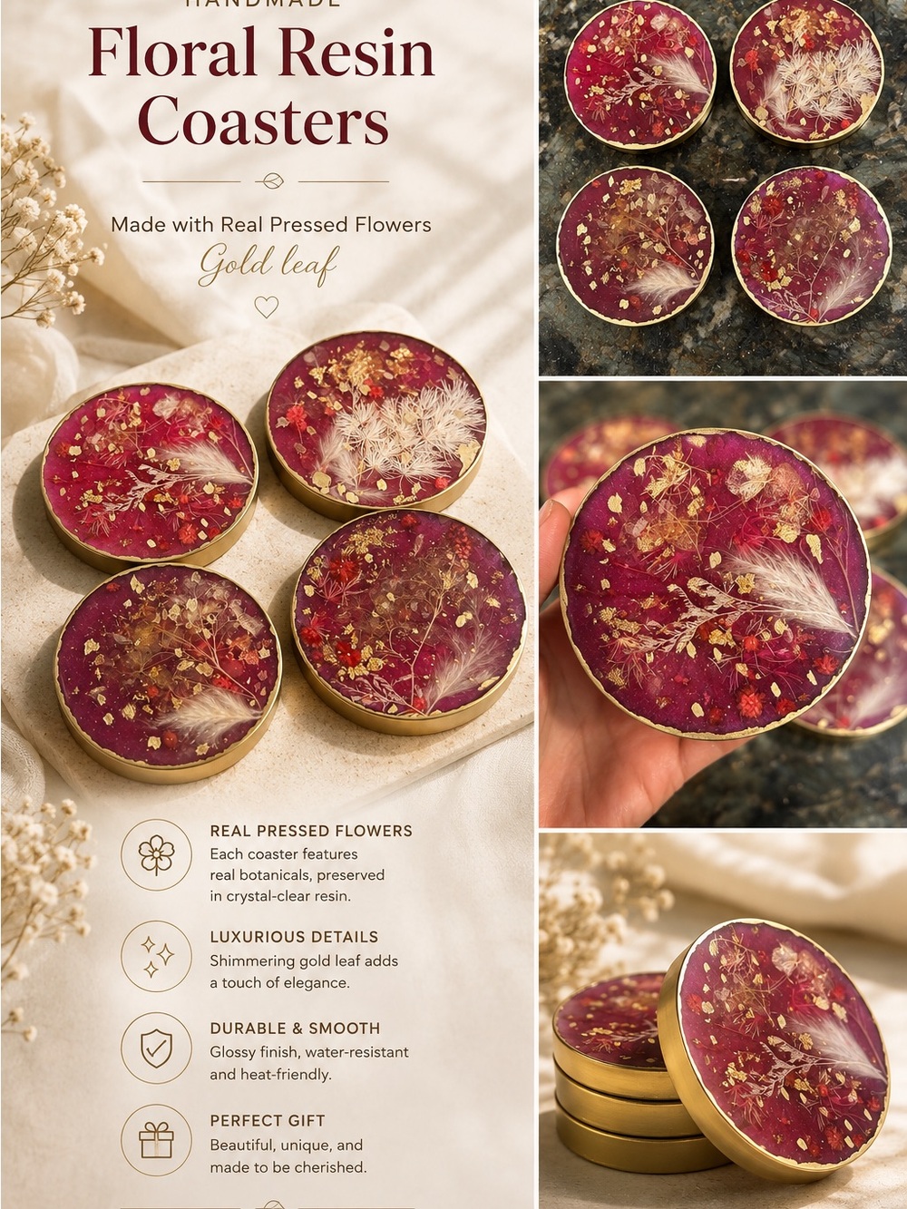 Handmade Floral Resin Coasters with Gold Leaf and Pressed Flowers